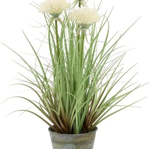 Decorative Faux Potted Grass Plant, White Mums